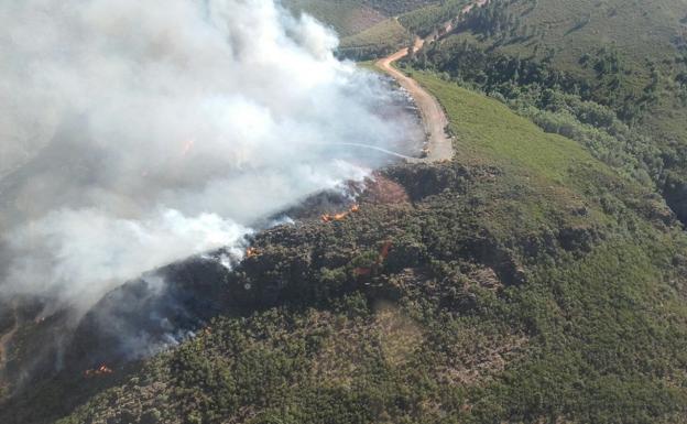 Los medios de extinción intervienen en un incendio forestal en San Pedro de Olleros