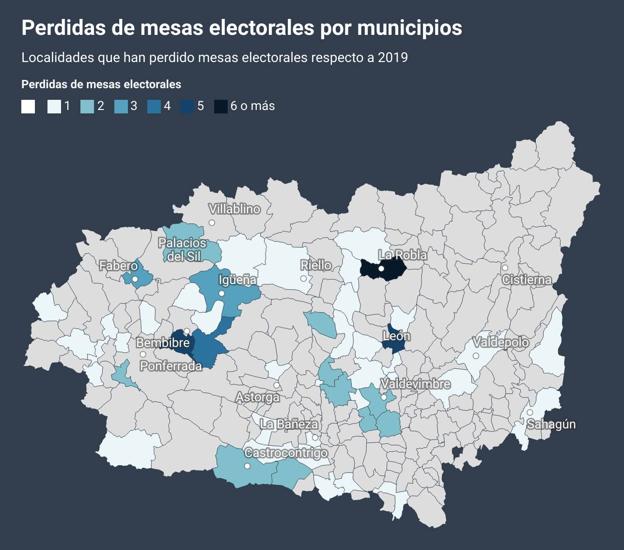 Mapa con todos los municipios de la provincia; en más oscuro, auqellos que pierden más mesas electorales este 13 de febrero con respecto a 2019; en gris, los que mantienen el número./J.L.B.