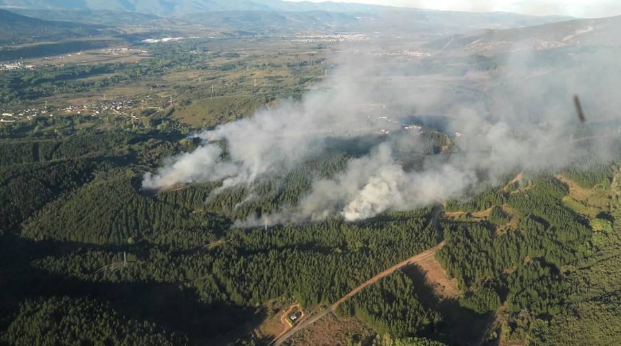 Medios aéreos y terrestres tratan de extinguir un incendio forestal en Castropodame