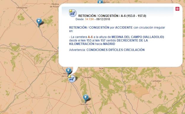 Una accidente en la A-6 sentido Madrid deja cinco kilómetros de retención en Medina del Campo