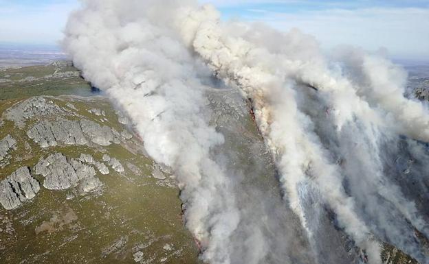 Numerosos medios aéreos y terrestres 'luchan' contra un virulento incendio en La Cabrera