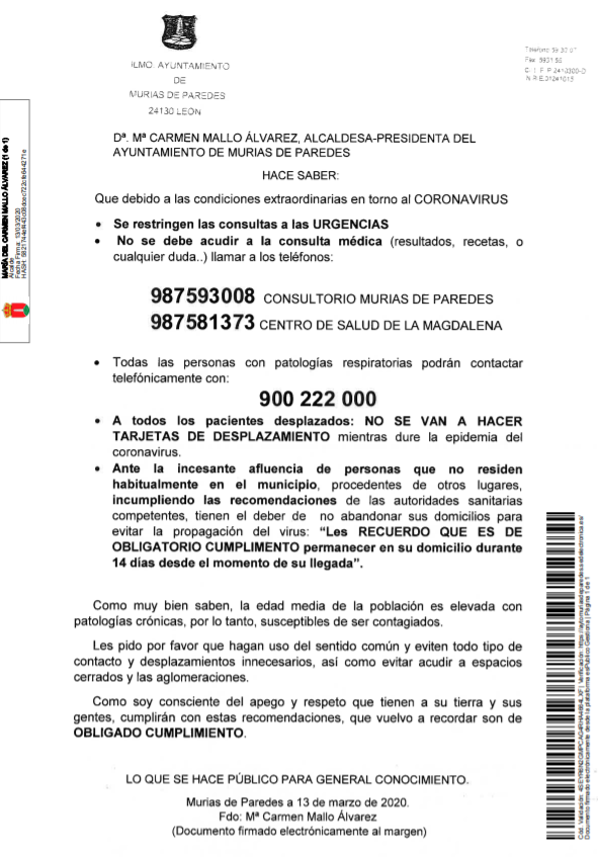 El Ayuntamiento de Murias de Paredes recuerda a los no residentes que deberán permanecer 14 días en sus domicilios sin salir desde su llegada