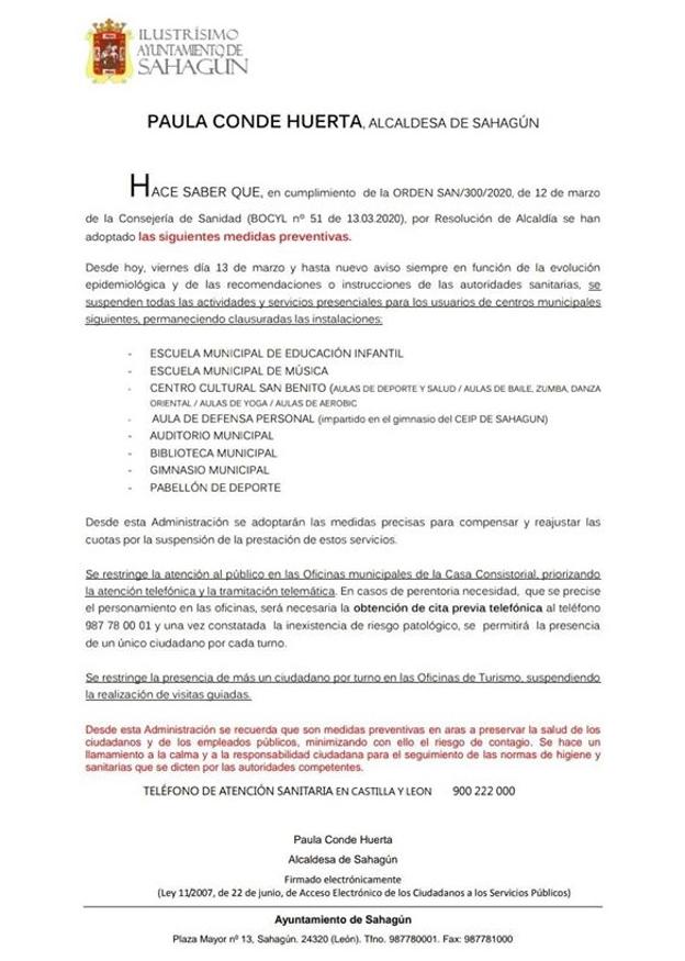 El Ayuntamiento de Sahagún suspende las actividades municipales como medida de prevención frente al coronavirus