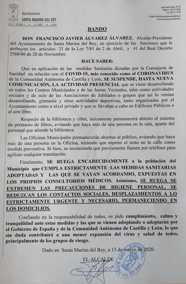 El Ayuntamiento de Santa Marina del Rey insta a los vecinos al cumplimiento del Estado de Alarma