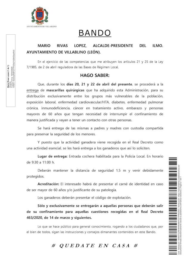 El Ayuntamiento de Villablino procederá a la entrega de mascarillas a la población vulnerable