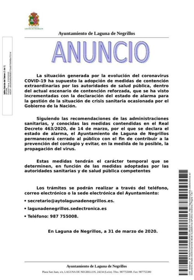 El ayuntamiento de Laguna de Negrillos toma medidas frente al Covid-19