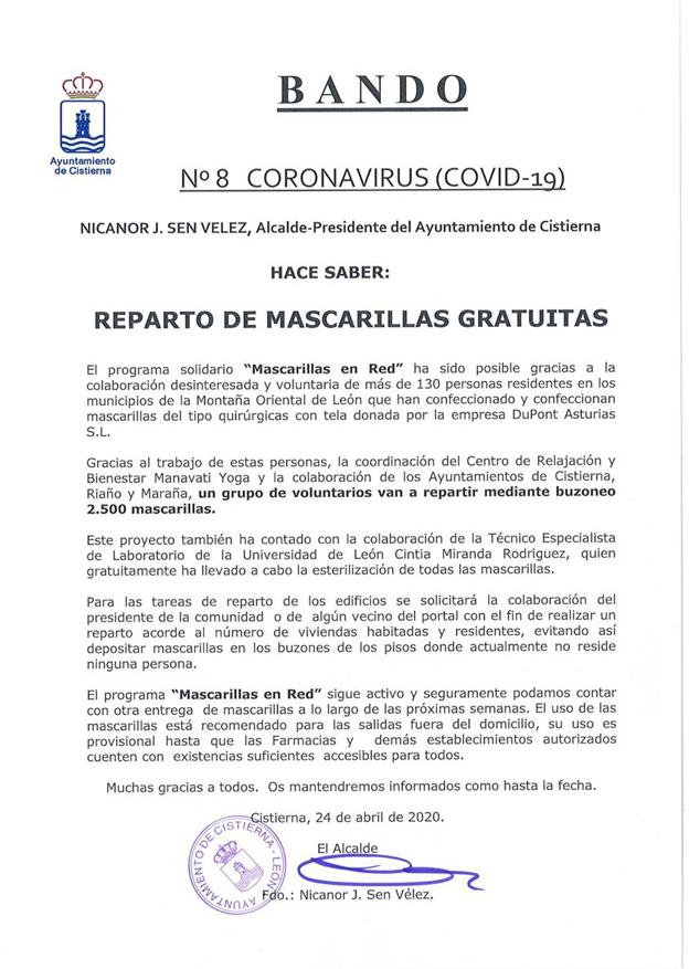 El Ayuntamiento de Cistierna informa a sus vecinos sobre las medidas contra el Covid-19