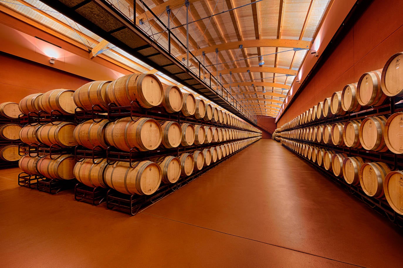 La sala de barricas y el interior de la bodega