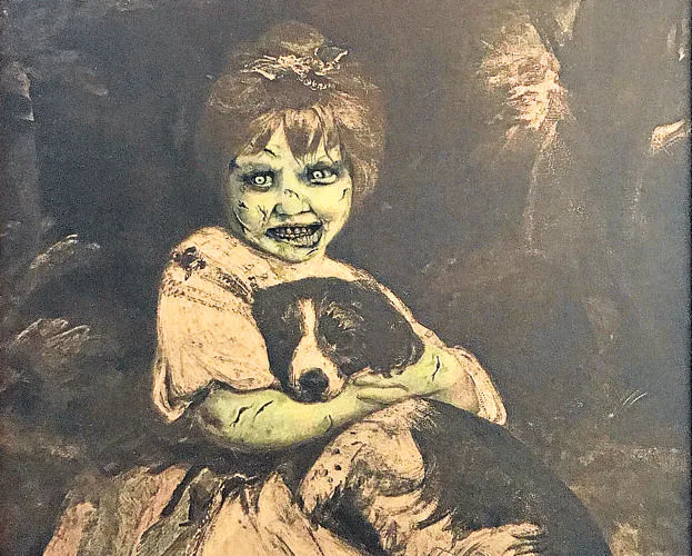 En 'Exorcist's Therapy Dog', Pollot pintó el rostro de la niña de 'El Exorcista' sobre otra cría.
