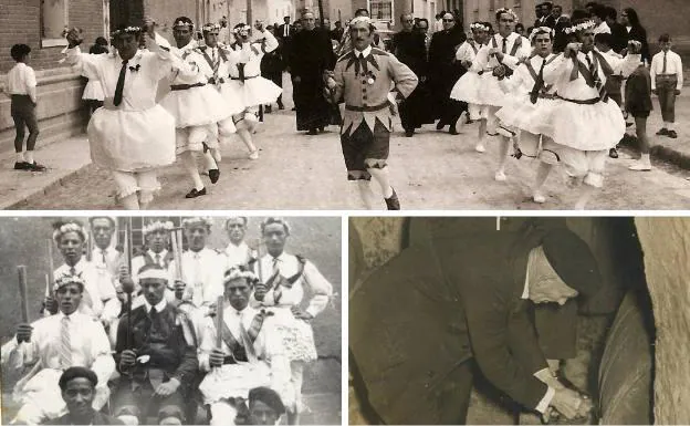 Arriba, pasacalles del año 1970. Debajo, danzantes de 1935 y una bodega del pueblo en 1962.