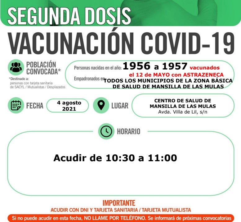 Convocados en Mansilla de las Mulas los vacunados con AstraZeneca el 12 de mayo de los años 1956 y 1957