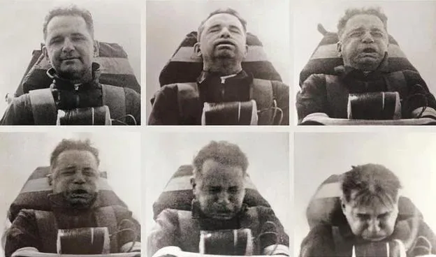 Seis imágenes de John Stapp durante una de las pruebas./