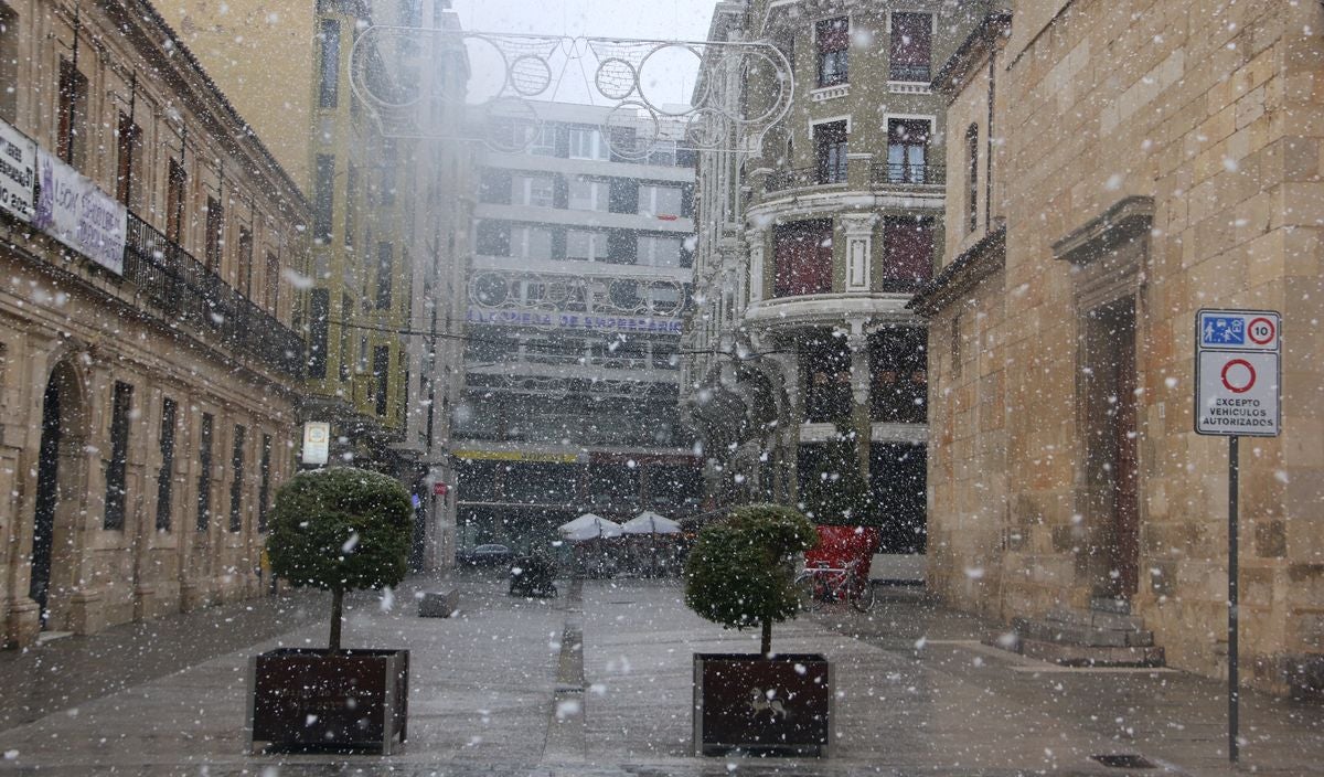 El centro de León, teñido de blanco