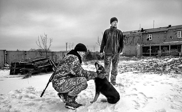 Militares ucranianos juegan con un perro en un puesto avanzado