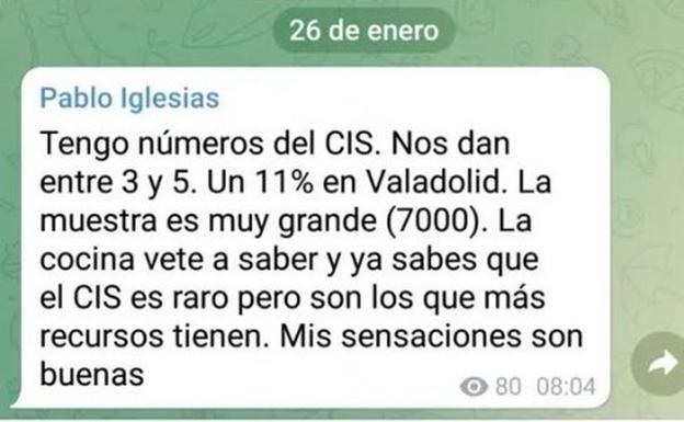 El error de Pablo Iglesias al enviar un mensaje de Telegram con datos del CIS sobre el 13-F