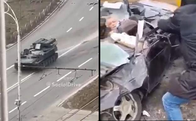 La imagen de la guerra: un tanque ruso aplasta un vehículo civil y a sus ocupantes