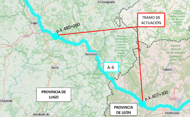 Transportes licita 9,3 millones de euros para rehabilitar 73 km de la A-6 entre Lugo y León