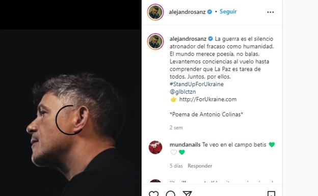 Alejandro Sanz recita un poema de Antonio Colinas para pedir la paz en Ucrania desde sus redes sociales