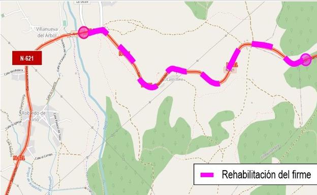 Medio millón de euros para la mejora del firme en la LE-621 a partir de Villanueva del Árbol