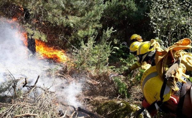 Las brigadas luchan contra un incendio en la frontera entre León y Asturias