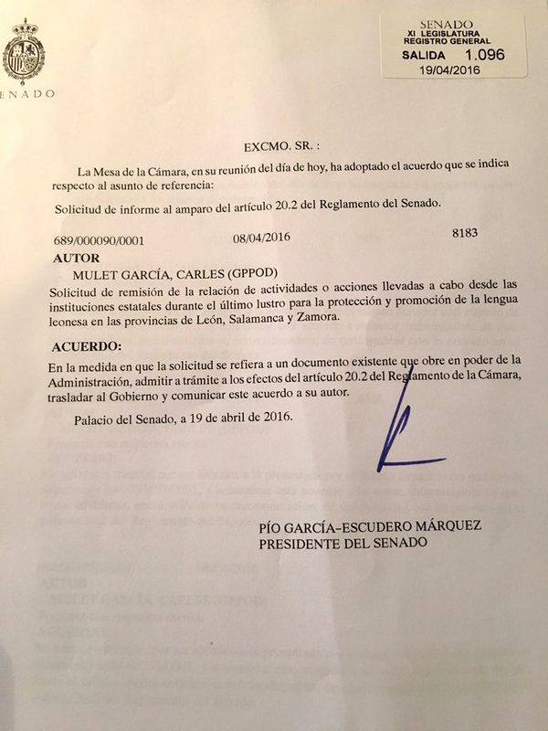 El senador Carles Mulet solicita en el Senado una relación de las actividades en promoción del leonés