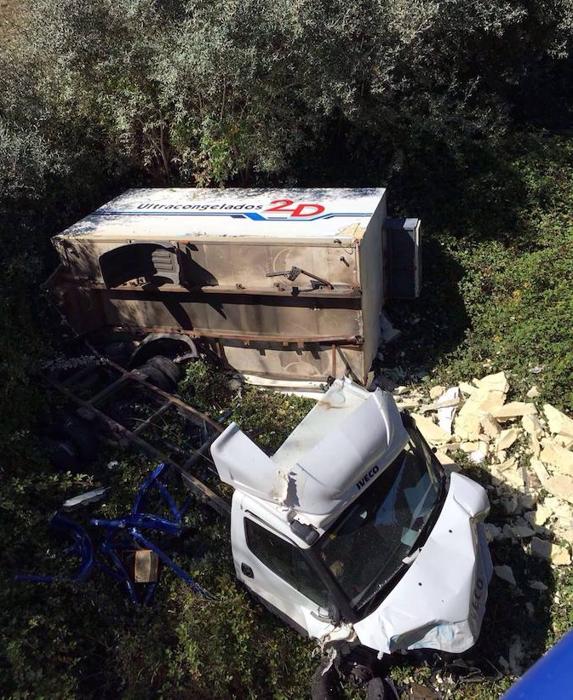 Herido grave el conductor de un camión que volcó al salirse de la vía y caer por un terraplén en Cebrones del Río