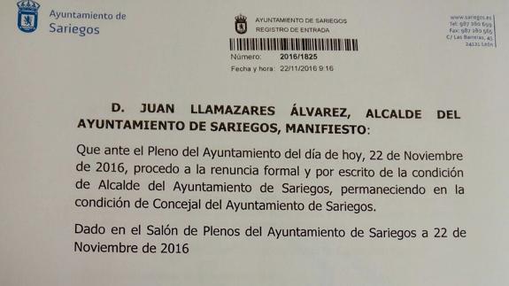 Juan Llamazares formaliza su dimisión como alcalde de Sariegos y se elegirá nuevo regidor en diez días